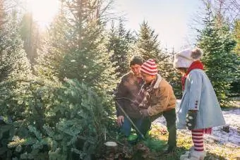 Jonge jongen die de kerstboom omhakt met vader en zus