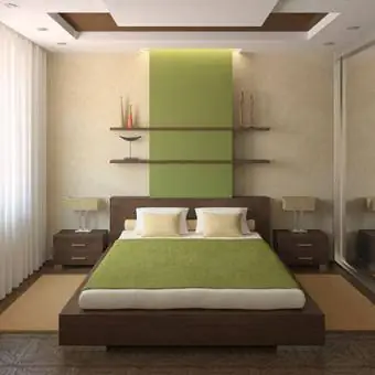 Dormitorio moderno con estantes.