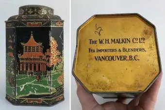 Антикварная винтажная банка для чая Malkin's Best Tea Caddy с японской графикой, жестяная банка