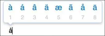 Egy betű felett felugrik, amikor ékezetes betűt ír be Mac számítógépen.