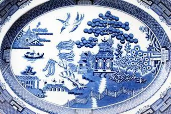 Традиционен дизайн на шарка от върба върху антична викторианска чиния за сервиране